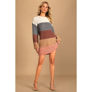 Lulus Colors Of Autumn Beige Multi Striped Chenille Knit Sweater Dress - Size M